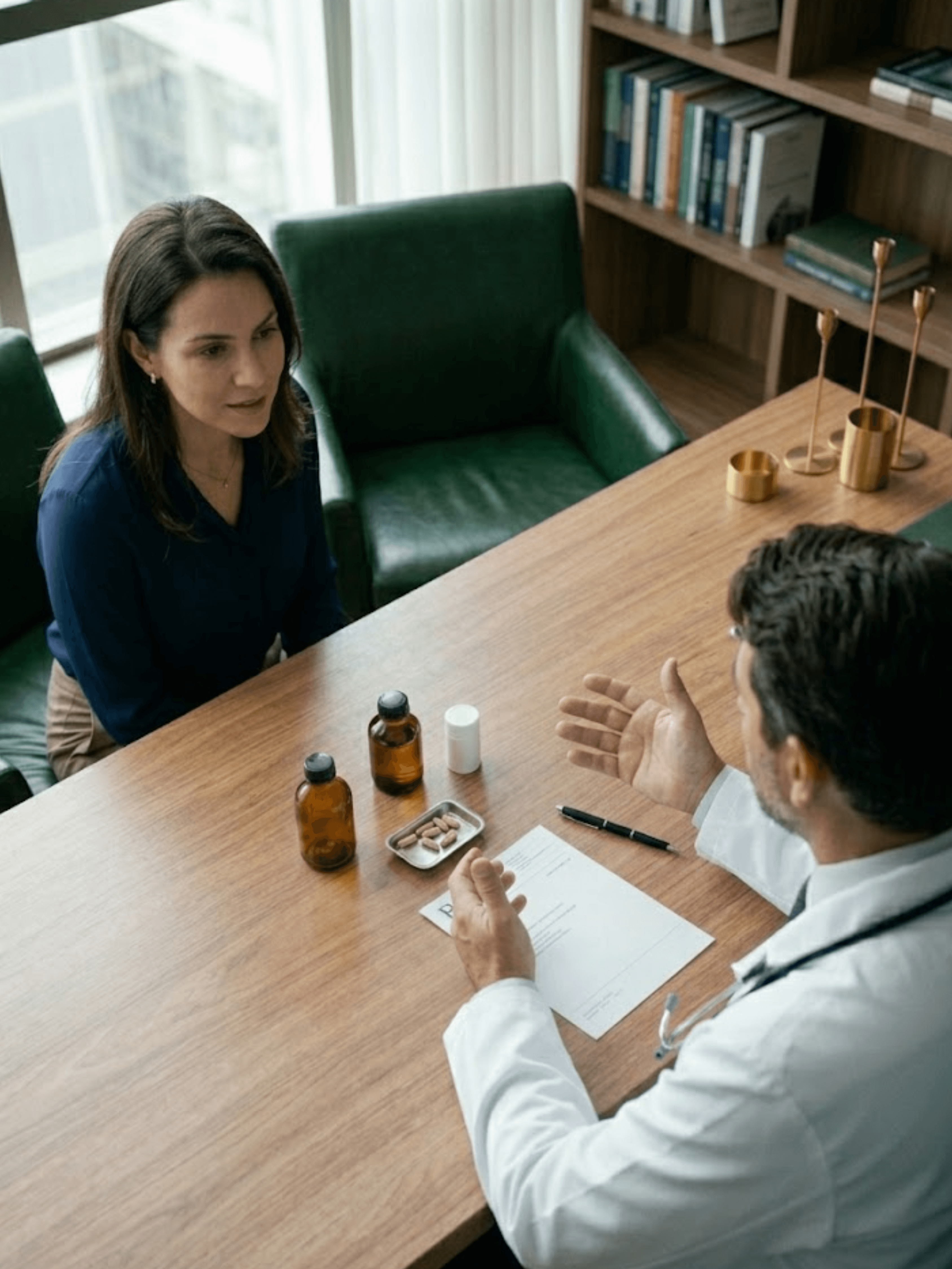 Médico e paciente em consulta com medicamentos manipulados